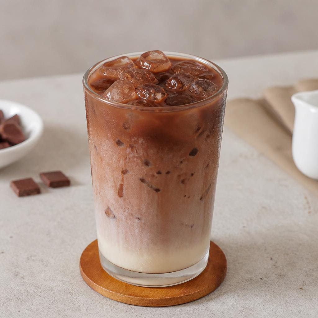 Es Choco Latte Kopi Ruang Hati dengan chocolate susu dan sirup gula